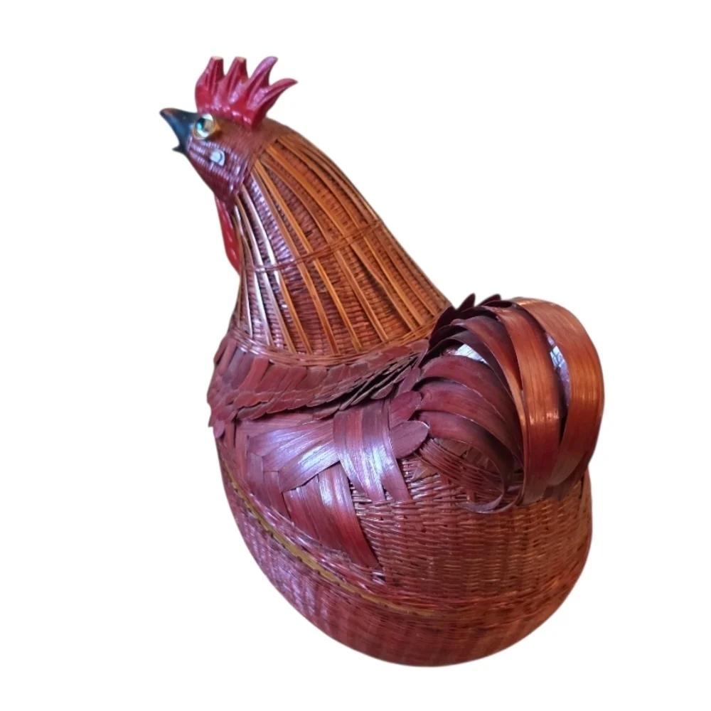 Handcrafted Red Rooster Basket Vintage Two Part Farmhouse Primitive Rustic 3D